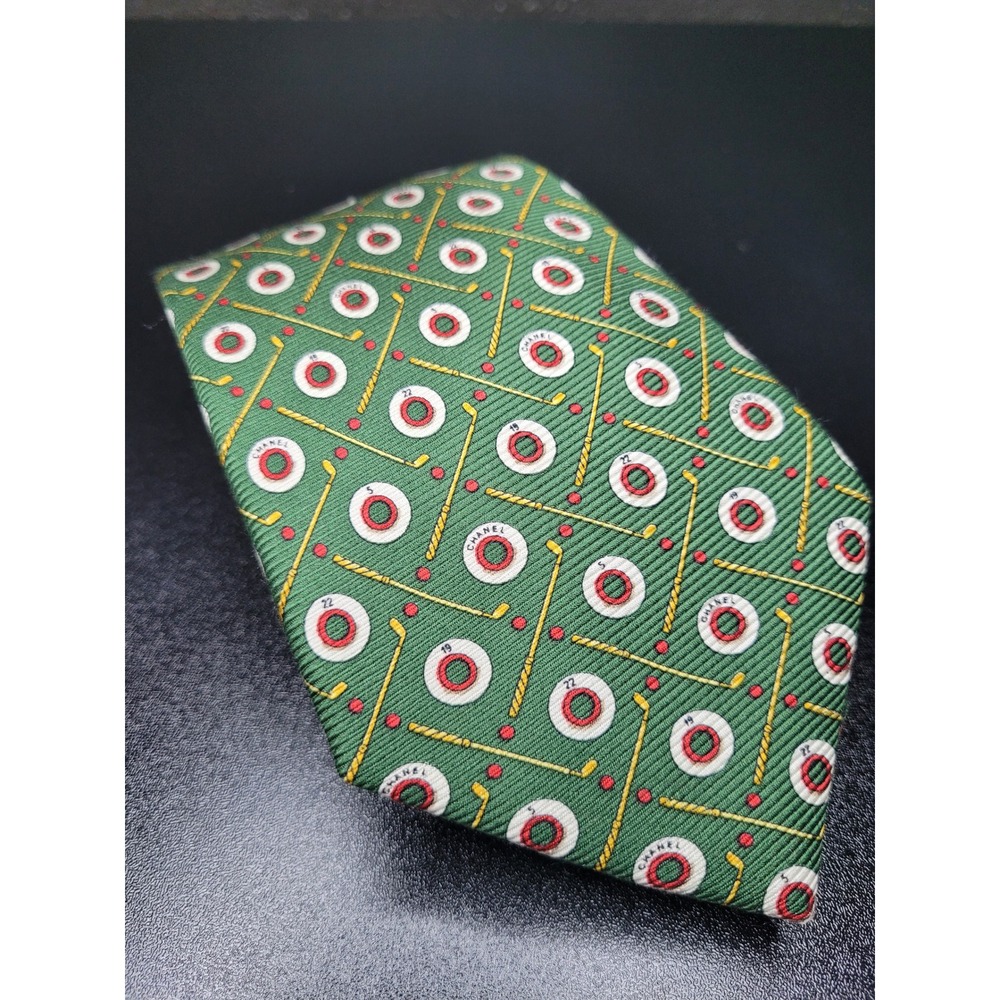 Chanel Men's Necktie Green Golf Novelty Silk 3.75 x 58 Excellent - Picture 1 of 7
